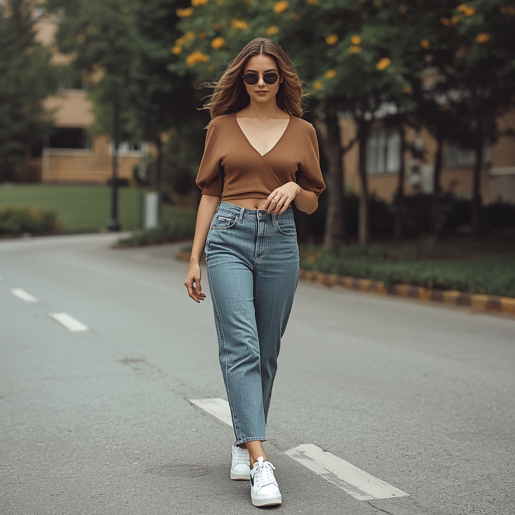 lucid origin a full body photo of a woman confidently walking outdoors wearing a cute casual 0