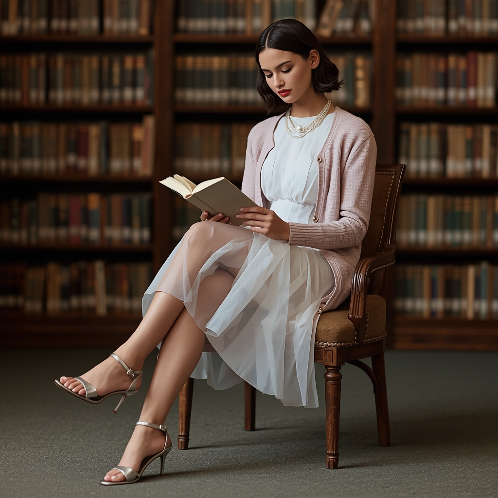 Woman sitting cross-legged in a library reading a book, wearing a white sheer midi dress with a pastel pink cardigan, pearl brooches, and metallic silver sandals, with blurred bookshelves in the background