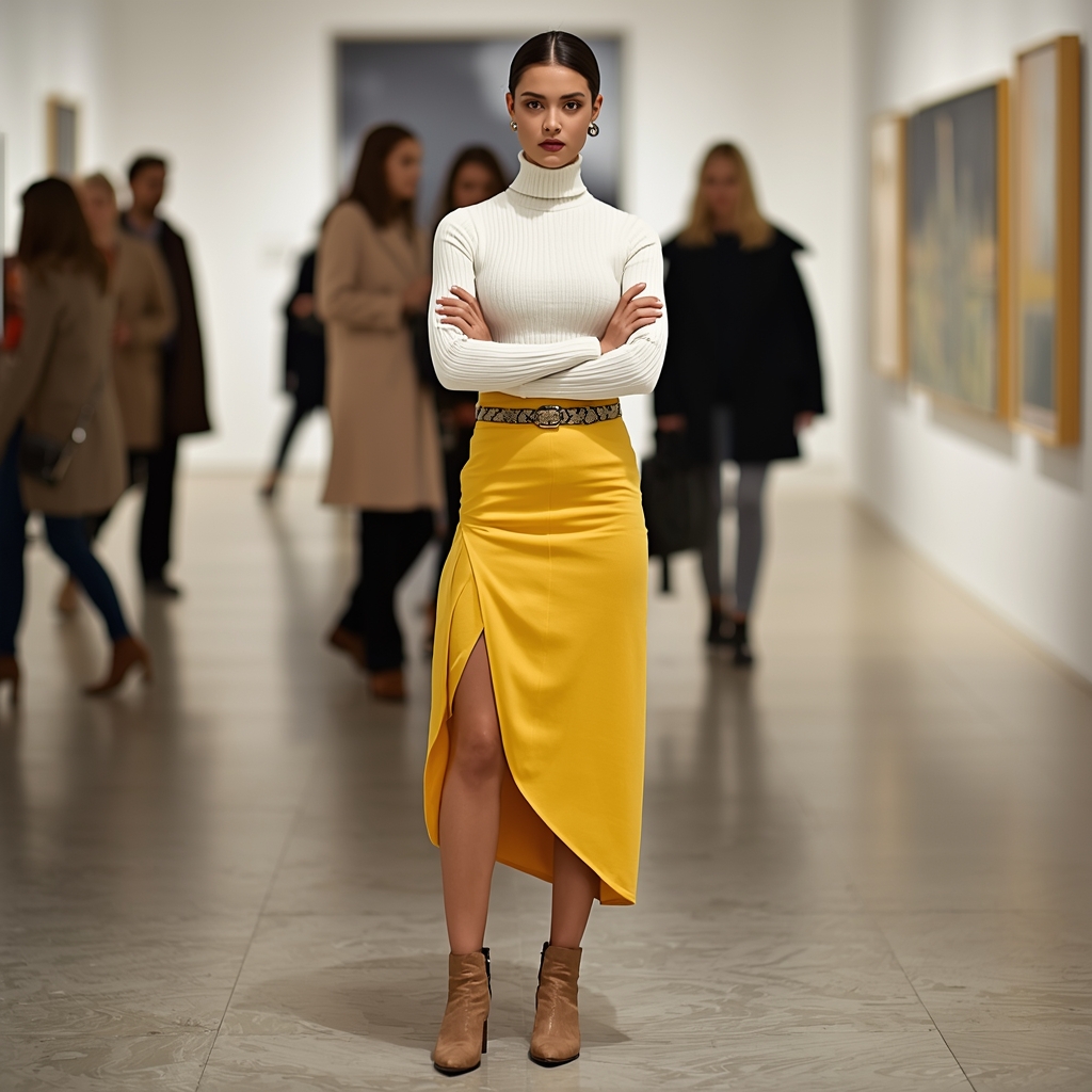 Woman standing at an art exhibit wearing a yellow asymmetrical midi skirt, white fitted turtleneck, beige ankle boots, and snakeskin belt, arms crossed, with blurred visitors in the background.