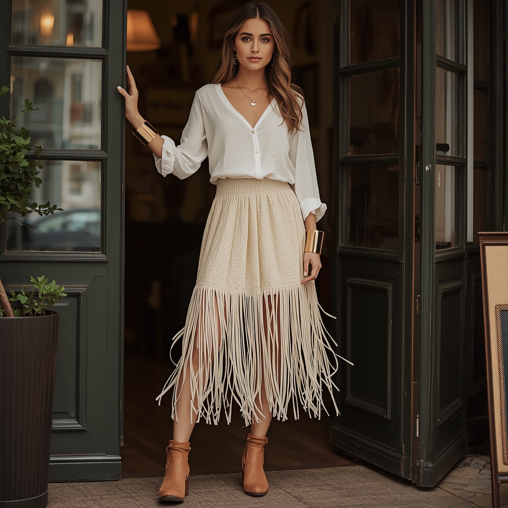 Woman standing in café doorway wearing cream bohemian tassel midi skirt, ivory blouse, tan boots, and wide gold cuffs, waiting for a friend with soft natural makeup and relaxed hairstyle