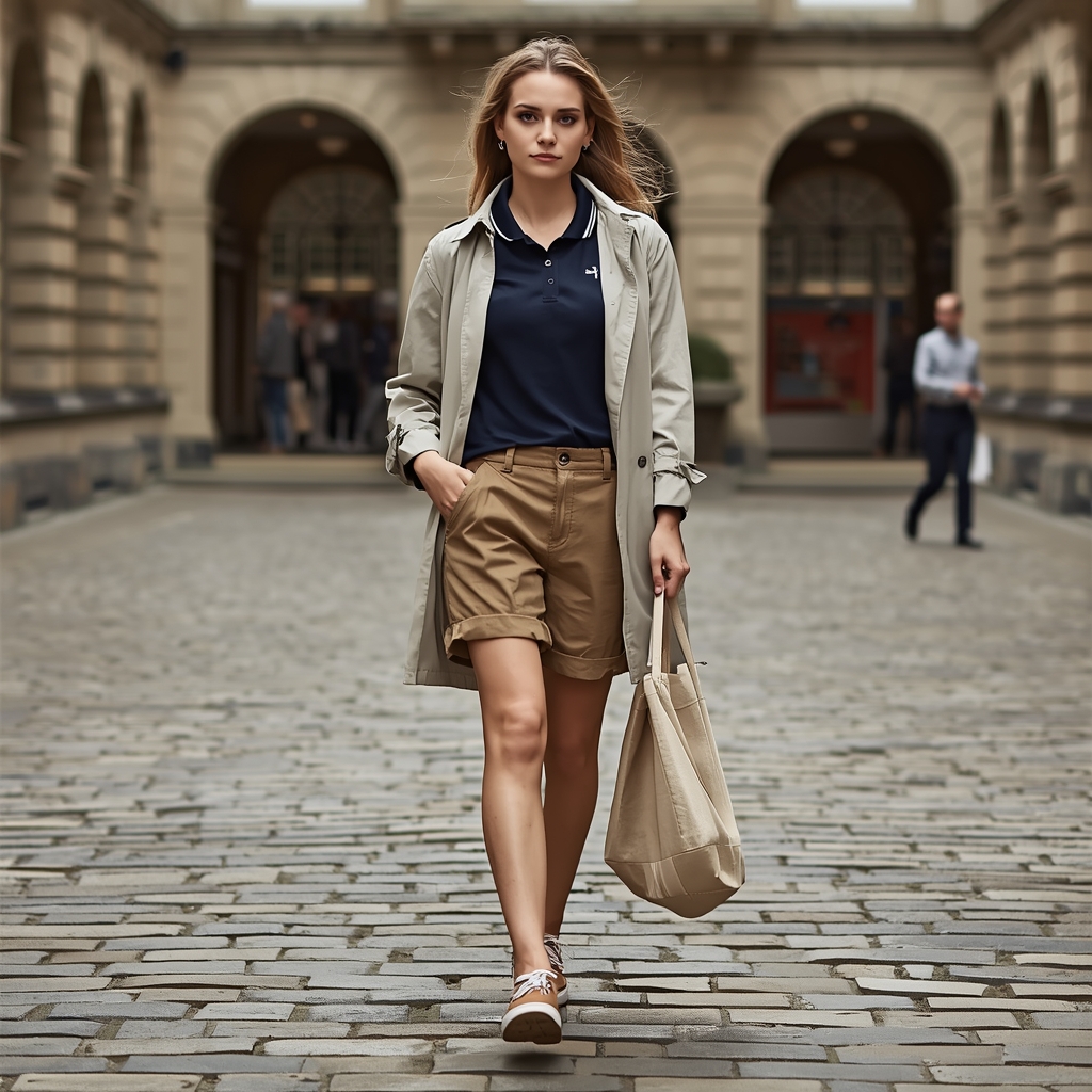 Woman walking on cobblestone courtyard in London-style building, wearing navy polo shirt, khaki Bermuda shorts, light trench jacket, boat shoes, and carrying a canvas tote