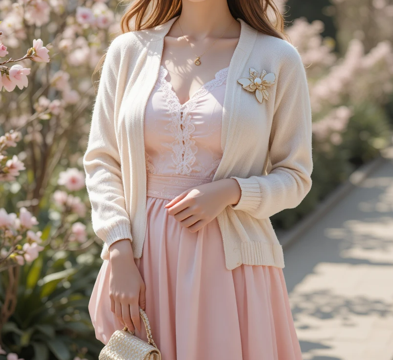 Woman wearing soft pastel pink dress paired with light cardigan adorned with vintage-style brooches to create nostalgic charm and a pearl handbag to complete the look