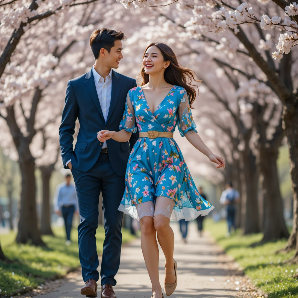 Woman happily hopping under cherry blossom trees wearing a cerulean blue floral wrap dress with espadrilles and woven belt