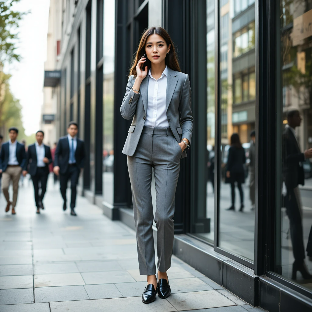 Woman outside office building wearing a grey tailored suit, white shirt, black loafers, and silver cuff bracelet, talking on her phone