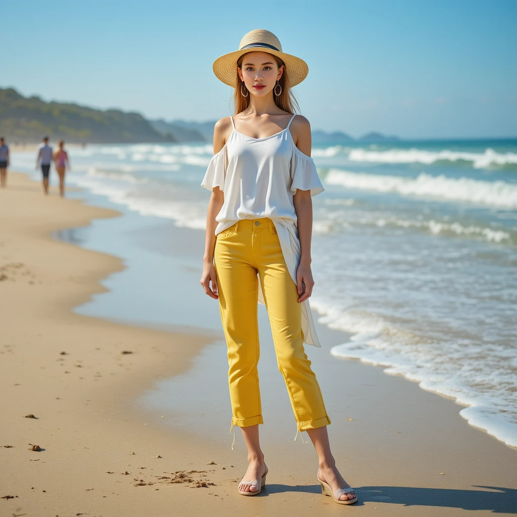 Woman standing on a beach wearing sunshine yellow capris, white asymmetrical blouse, wedges, and straw hat