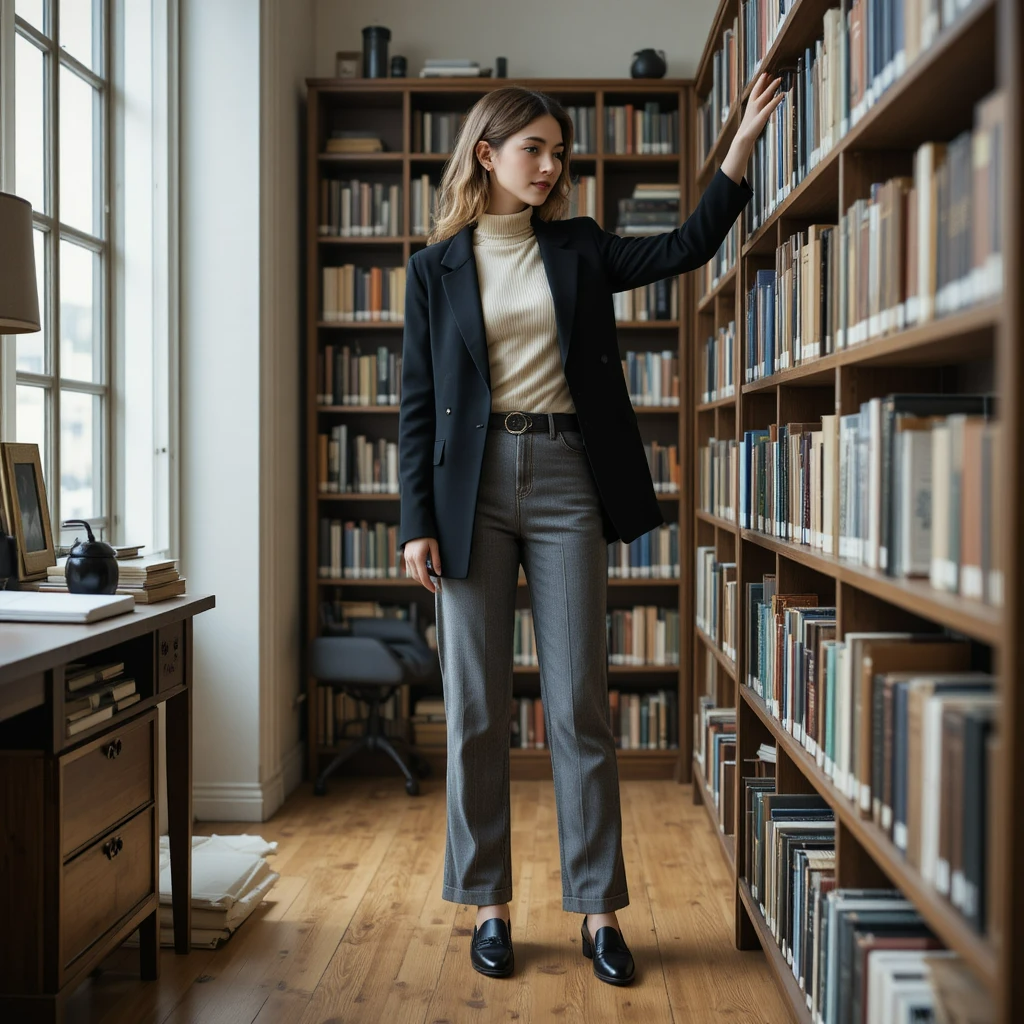 Woman in an office study reaching for a book on a bookshelf, wearing a black vintage blazer, cream oversized turtleneck, grey trousers, and black loafers