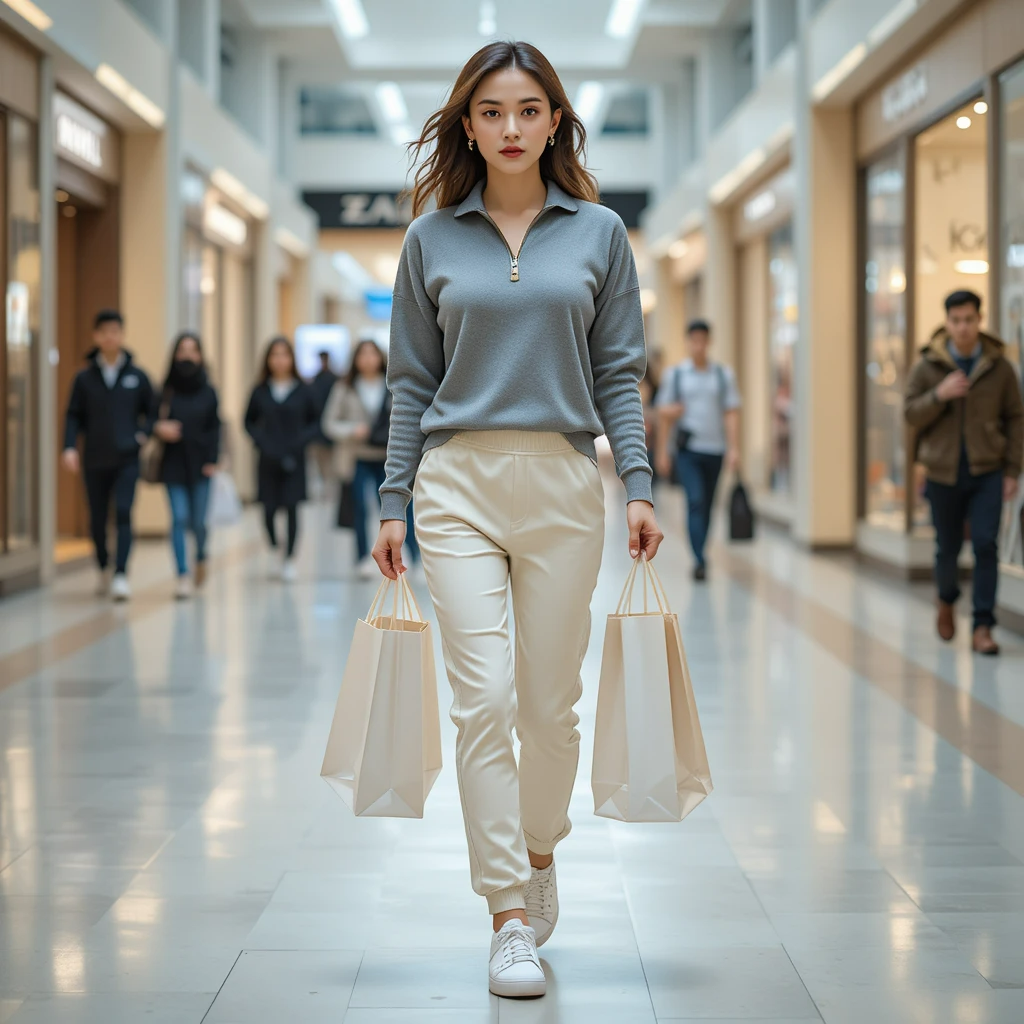 Woman walking in a shopping mall carrying shopping bags, wearing cream track pants, grey quarter-zip pullover, white sneakers, and gold jewelry