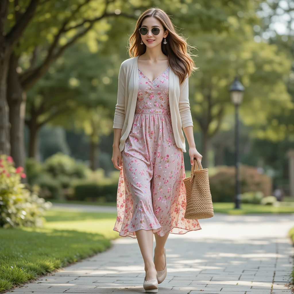 Woman walking outdoors in motion, wearing a blush pink floral midi dress, light beige cardigan, beige ballet flats, pearl drop earrings, carrying a woven straw tote bag, and wearing sunglasses