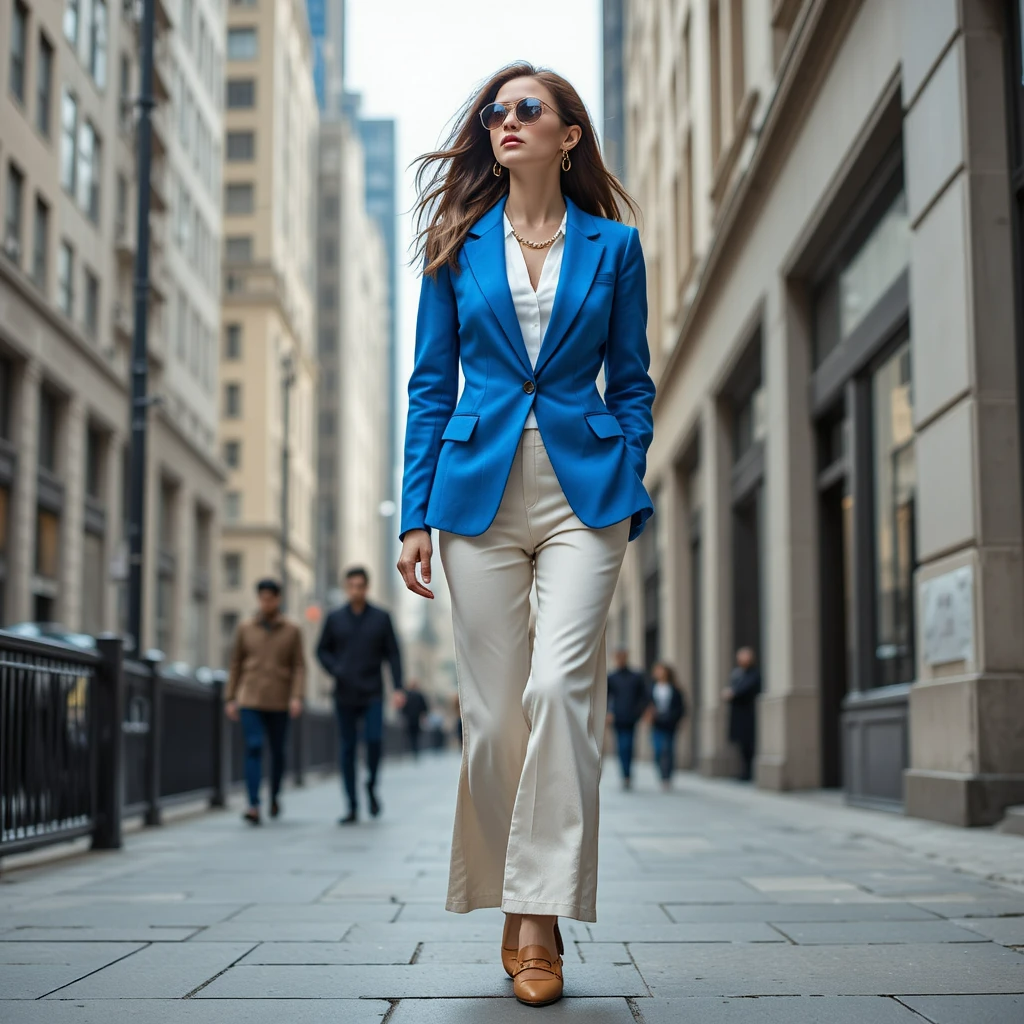 Woman walking on a city sidewalk looking up at tall buildings, wearing a cerulean blue tailored blazer, white silk blouse, cream wide-leg linen pants, tan loafers, gold chain necklace, and sunglasses