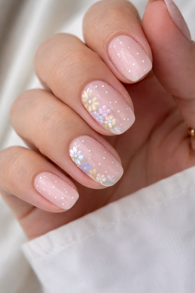 Pastel nails with white polka dots and tiny floral designs, whimsical and fun spring nails idea 2026.