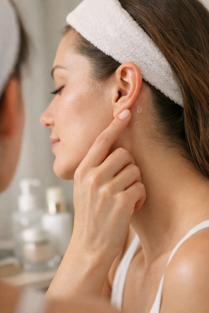 Woman patch testing peptide serum behind ear before adding it to skincare routine.