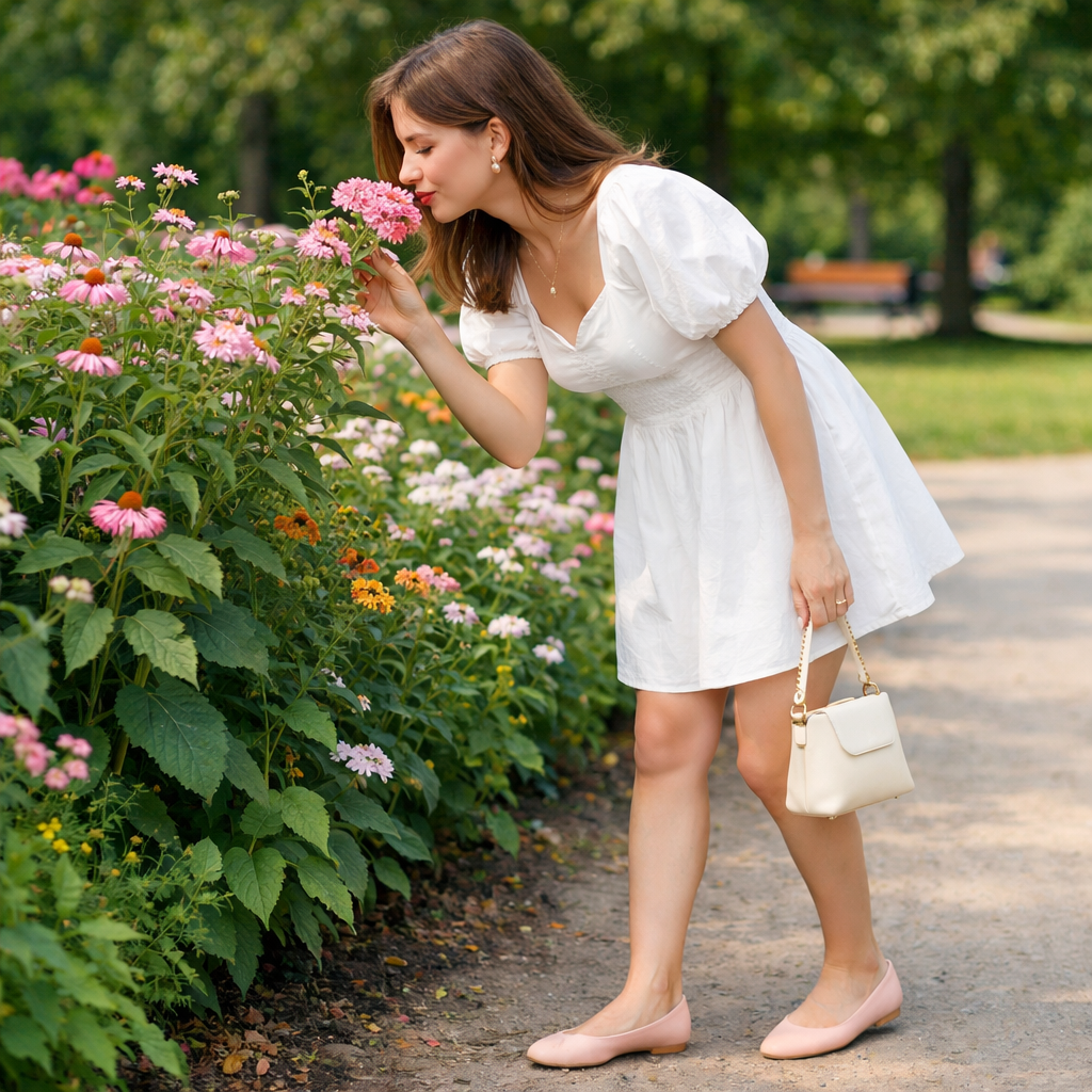 Woman in a puff sleeve mini dress smelling flowers in a park, wearing ballet flats and holding a mini bag.