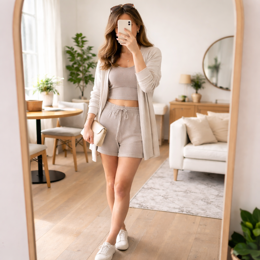 Full body woman taking a mirror selfie in a cozy lounge set and cardigan, holding a clutch bag with sunglasses on her head, casual indoor spring outfit.