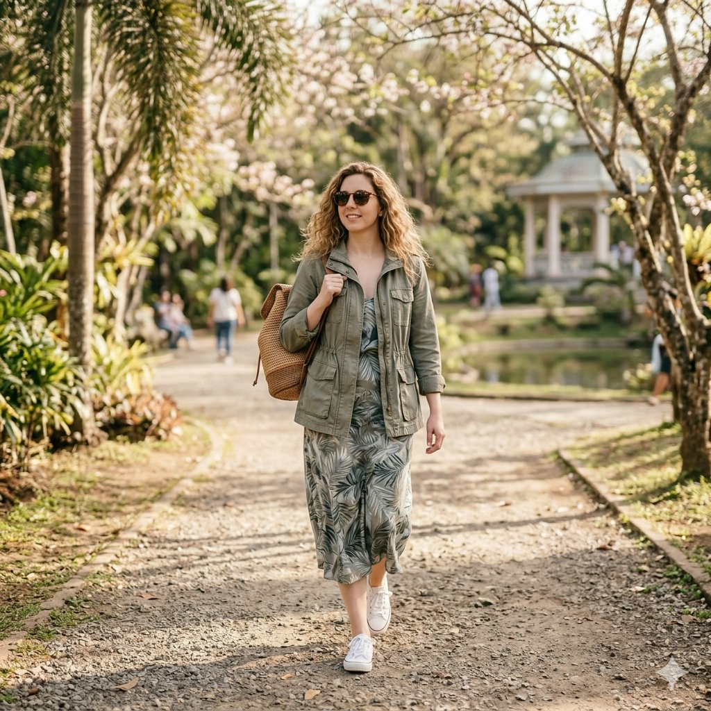 Woman in utility jacket and slip dress walking in park.