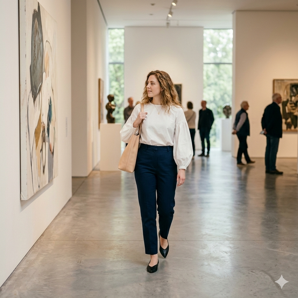 Woman in balloon sleeve blouse and trousers at gallery.