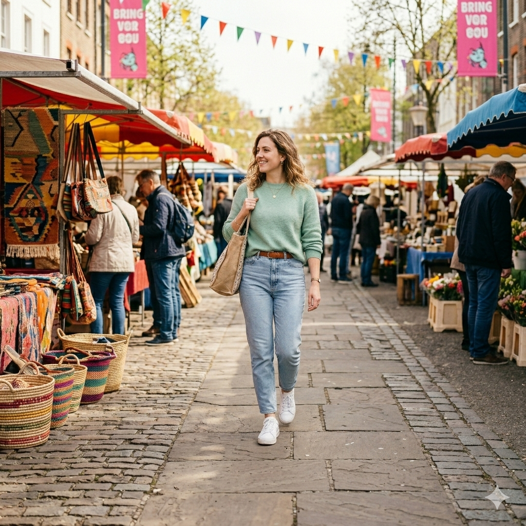 Full-body woman walking through a weekend market wearing a mint knit with light denim, white sneakers, and carrying a neutral tote bag.