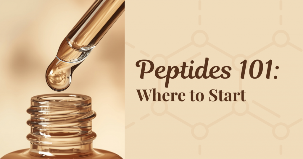 Peptides skin care for beginners guide featuring a minimalist serum flat lay on beige background.