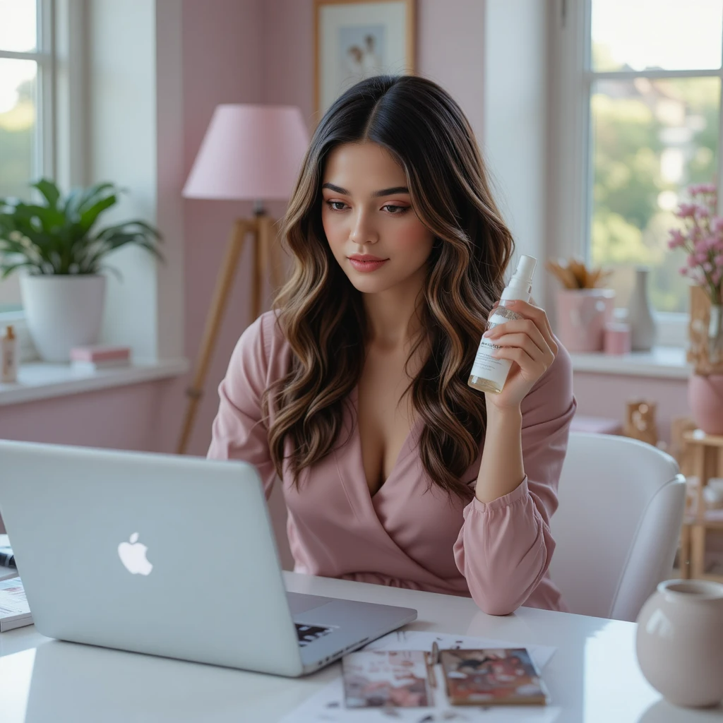 Woman at a desk researching skincare ingredients on laptop while holding a peptide serum