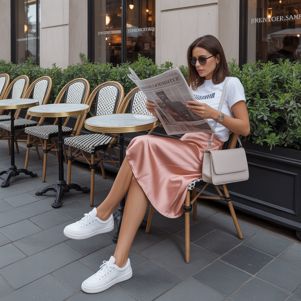Full-body woman sitting at an outdoor café wearing a graphic tee and silk midi skirt with sneakers and a bucket bag, reading a newspaper