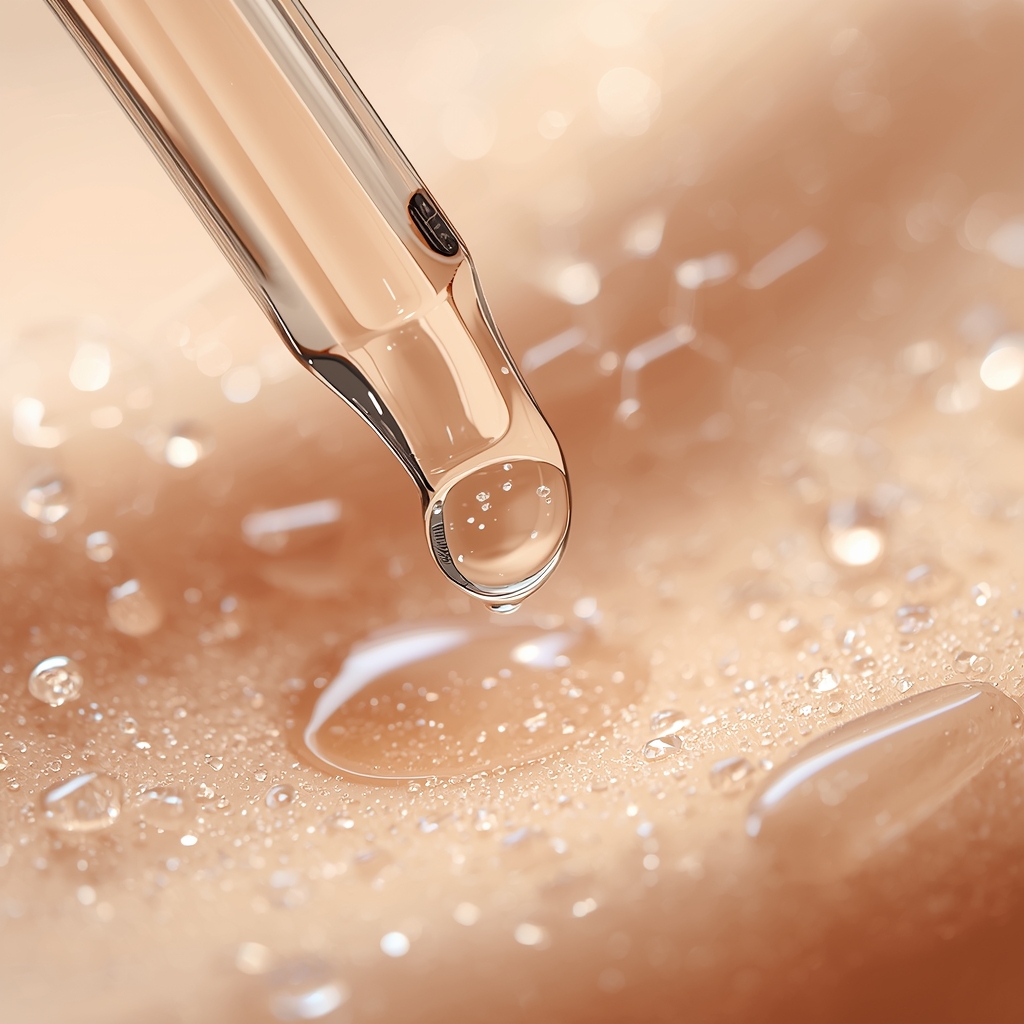 Close-up of peptide serum drop with molecular structure graphic illustrating how peptides support collagen.