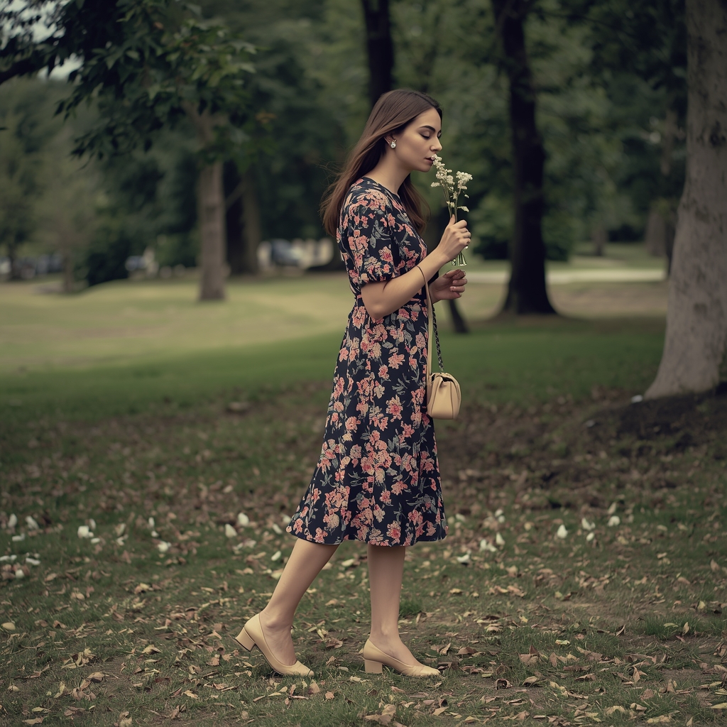 Woman in floral maxi dress in garden.