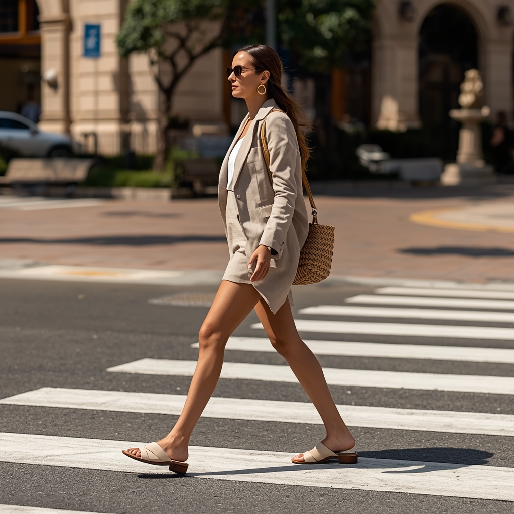 Woman walking across pedestrian lane wearing a chic spring outfit