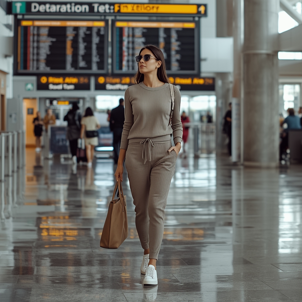 Woman in quarter‑zip pullover and linen trousers walking in airport.