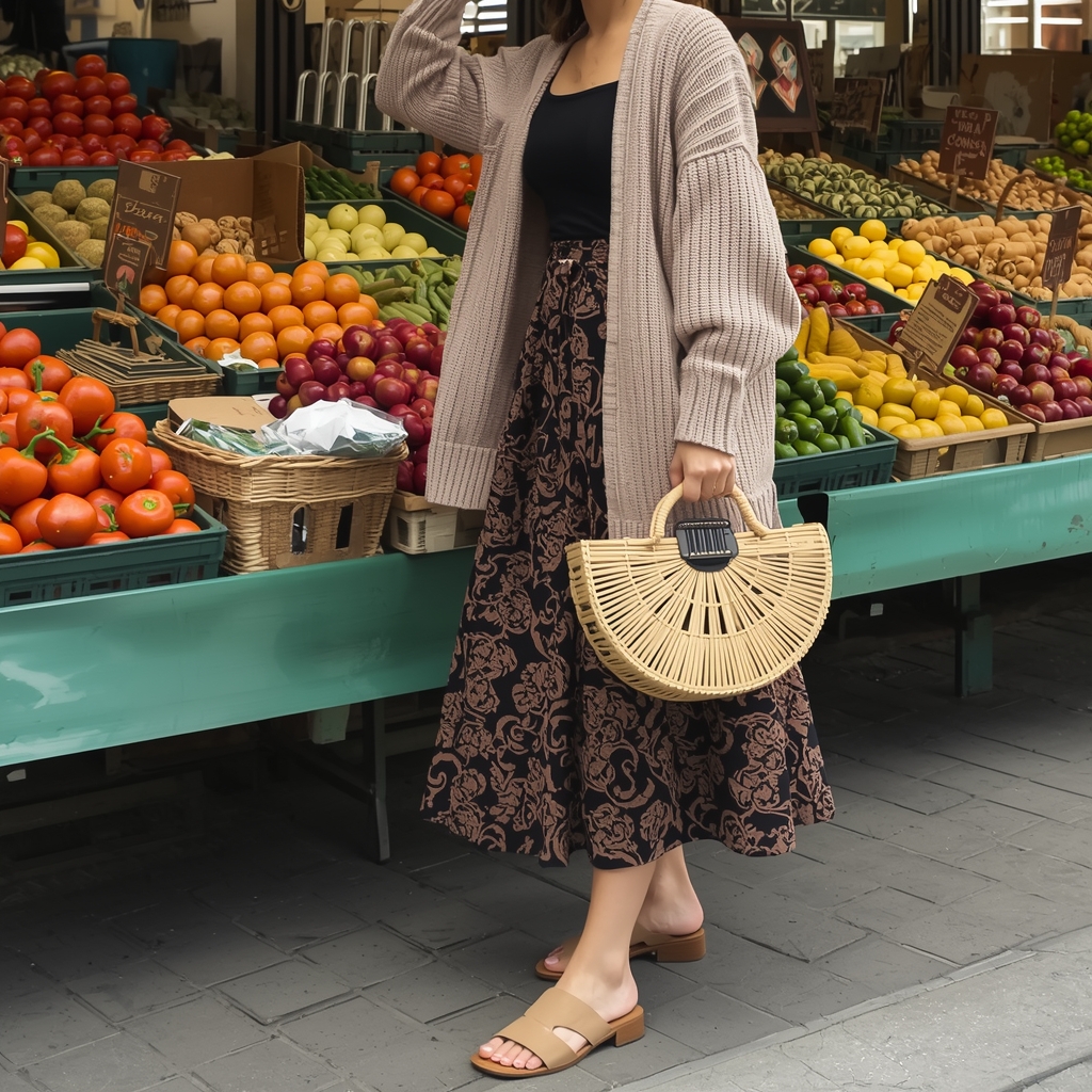 Woman in chunky cardigan and midi skirt at outdoor market.
