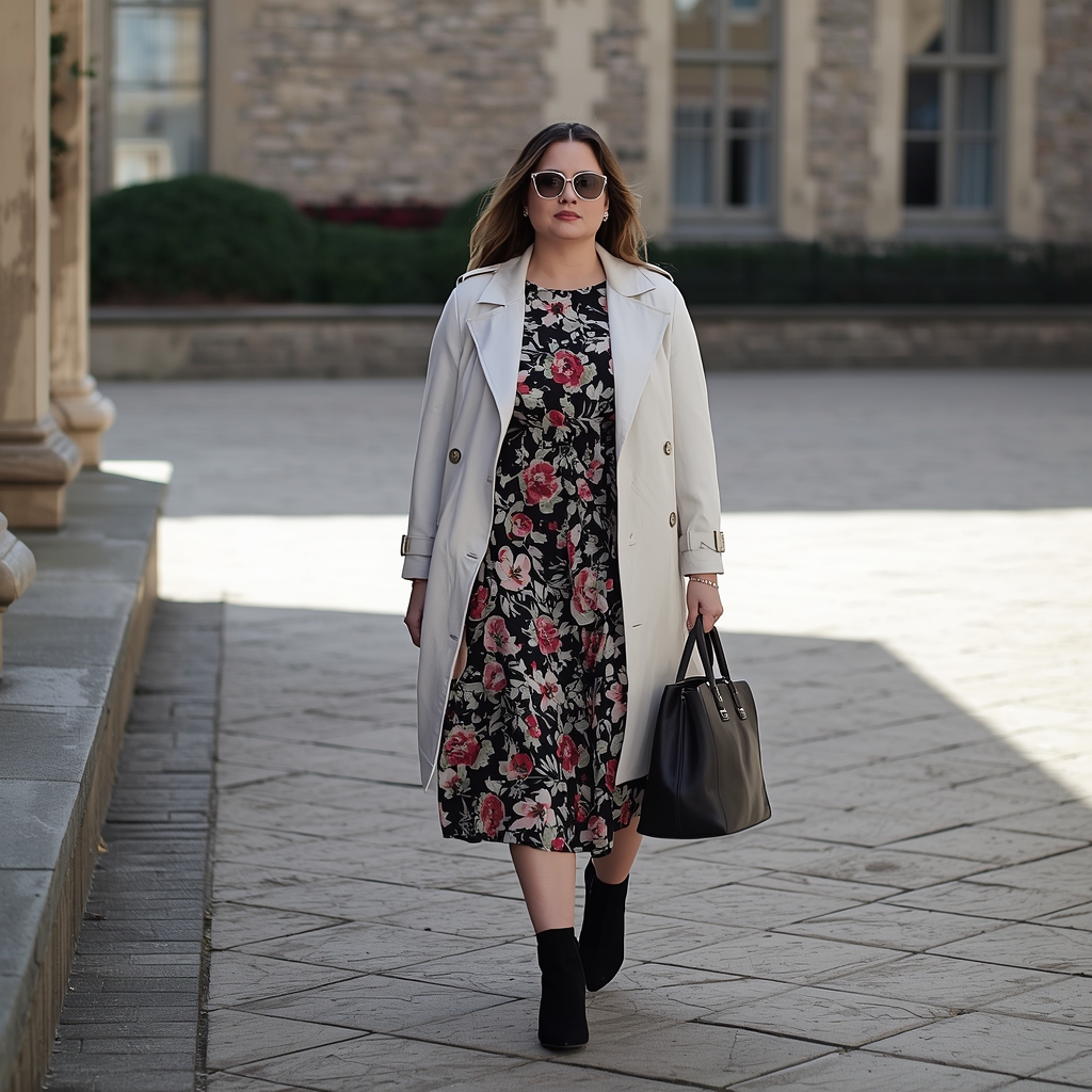 Woman in trench coat and floral dress walking through courtyard.
