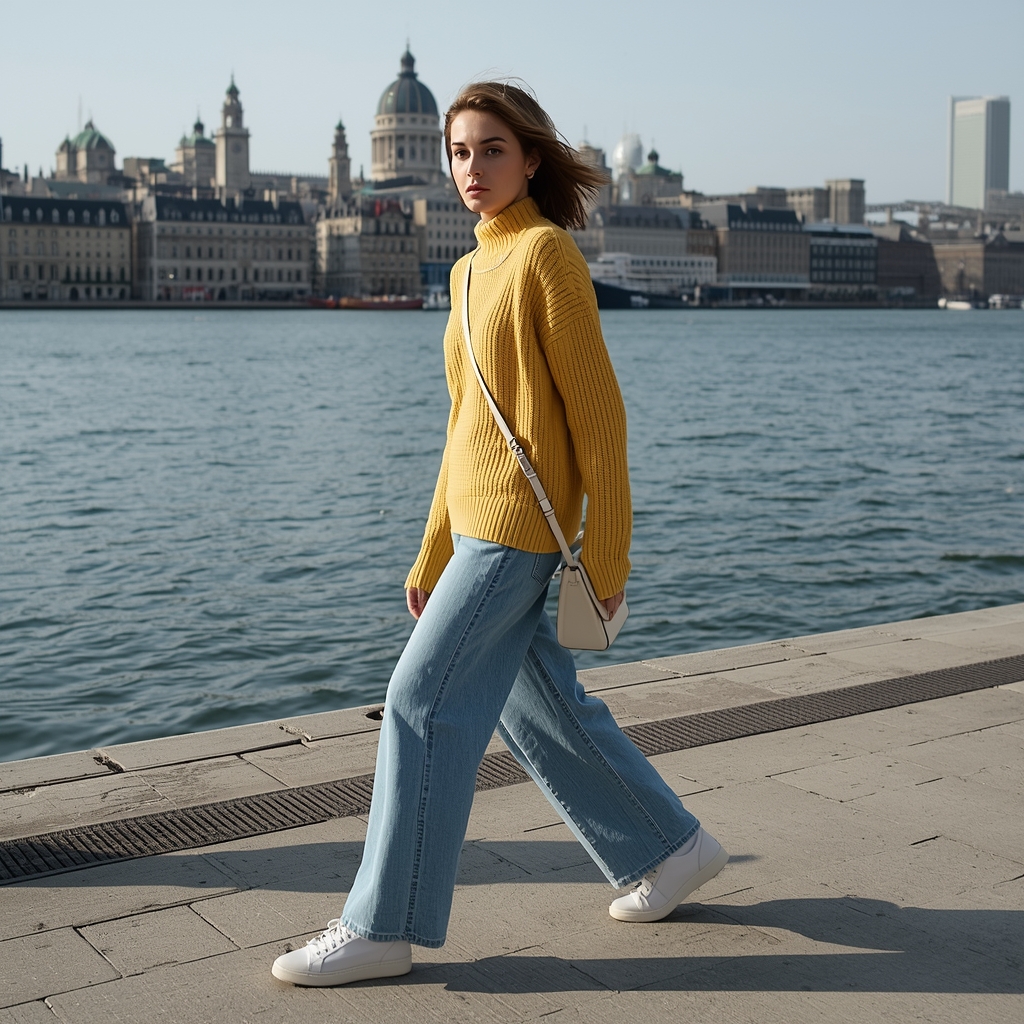 Woman in orange knit and wide‑leg jeans at waterfront.