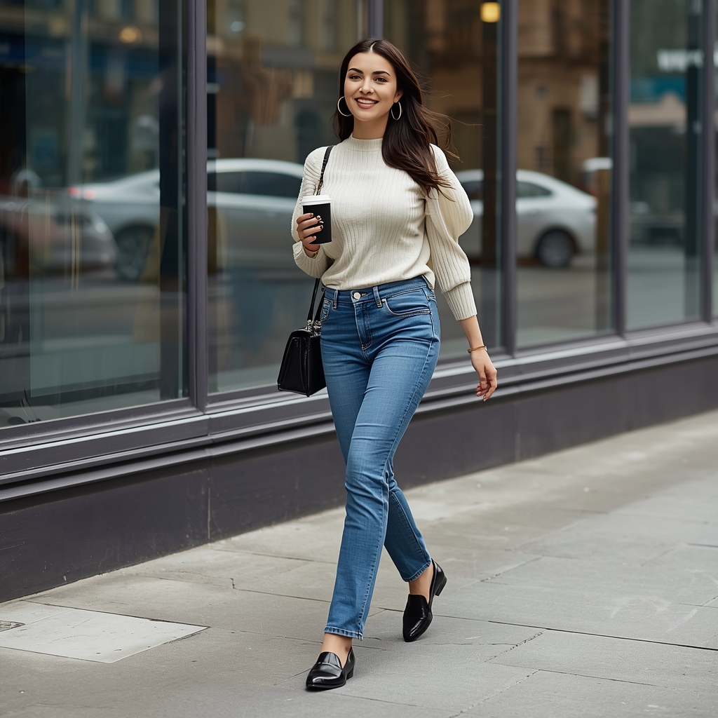 Woman in trench coat and floral dress walking through courtyard.