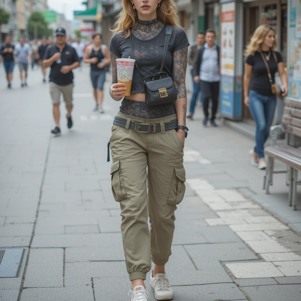 Woman in cargo pants and cropped tee eating street food.