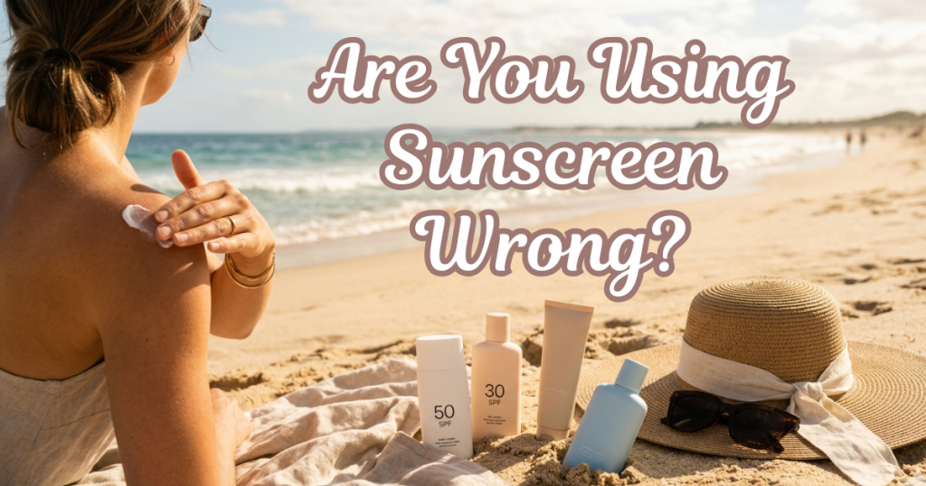 Beach scene with unbranded sunscreen bottles on sand, straw hat, sunglasses, and a hand applying sunscreen under warm sunlight