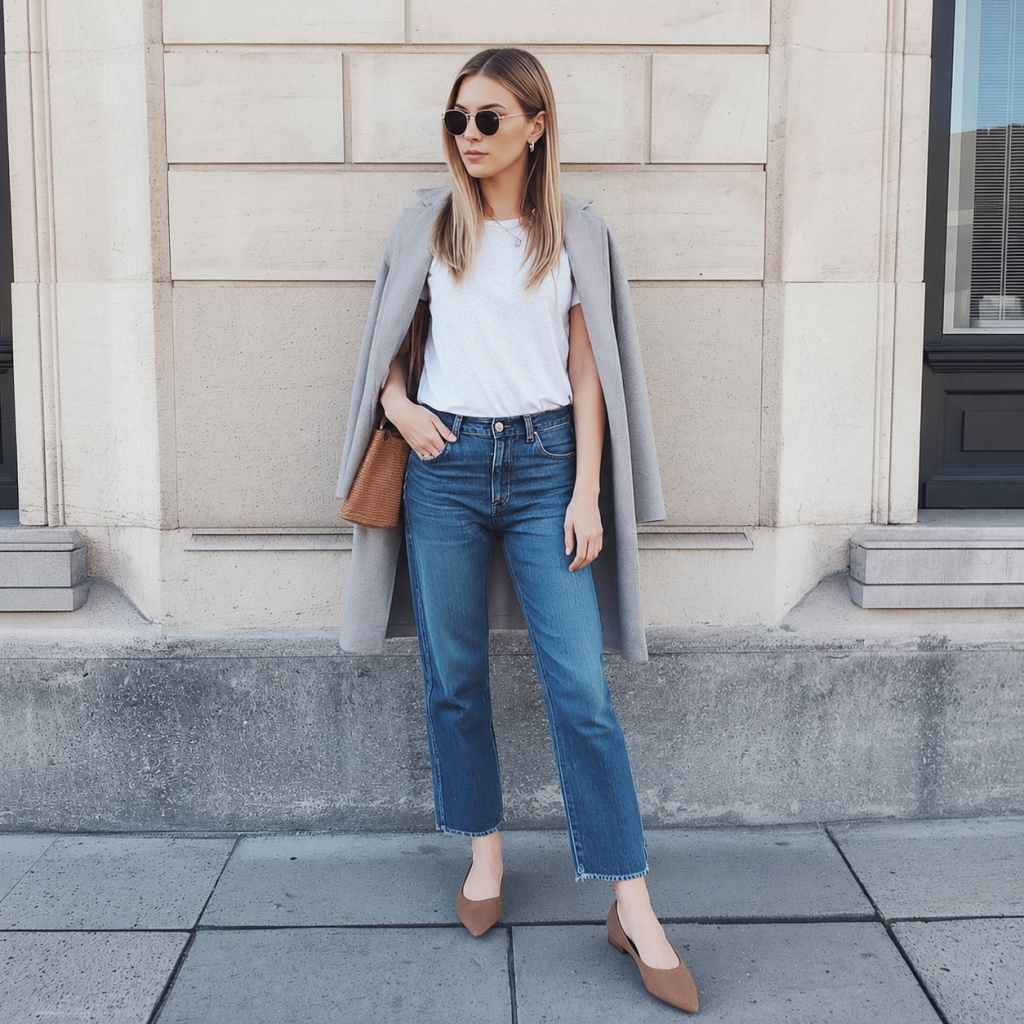 Woman walking through the airport in straight-leg jeans, white top, and ballet flats, styled in a timeless and effortless chic outfit.