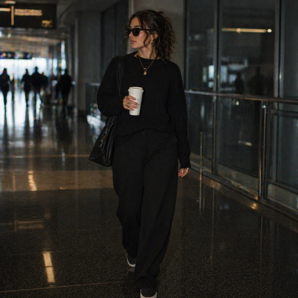 Woman wearing an all-black outfit at the airport with minimal accessories, creating a sleek and effortless travel style.