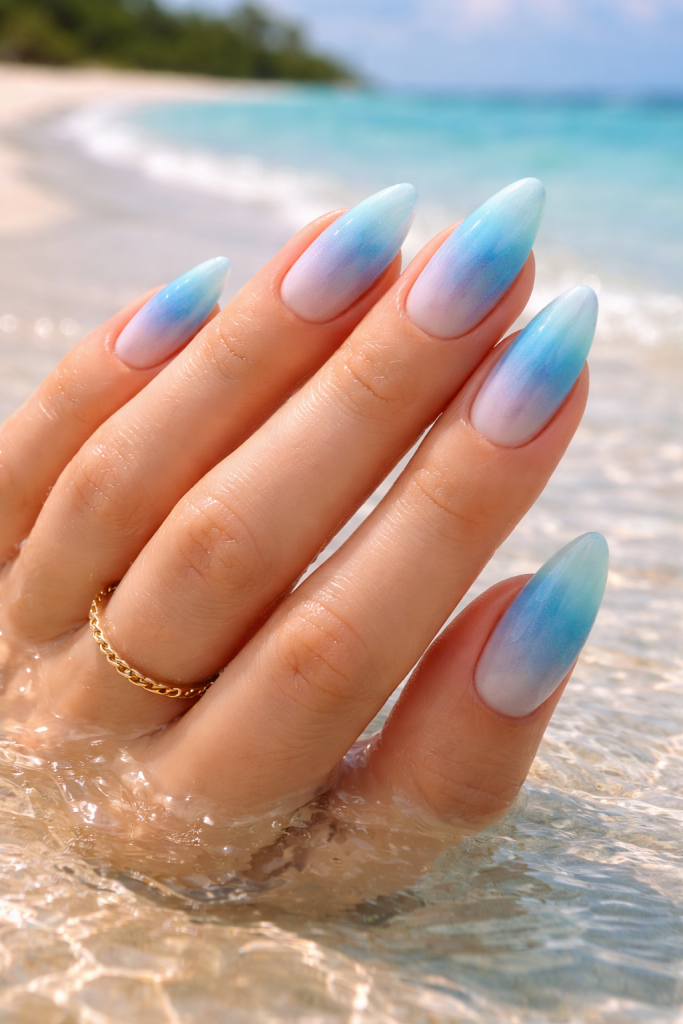 ocean blue gradient summer nails almond shape beach aesthetic