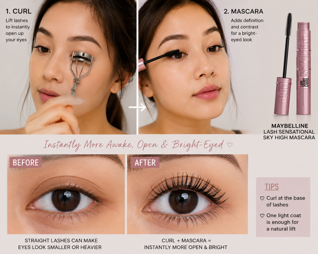 Step-by-step on how to curl lashes and use mascara to make the eye look more awake.