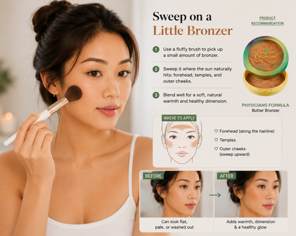 Woman applying bronzer to her cheeks with a makeup brush, showing where to add warmth for a natural healthy glow in an everyday makeup routine.