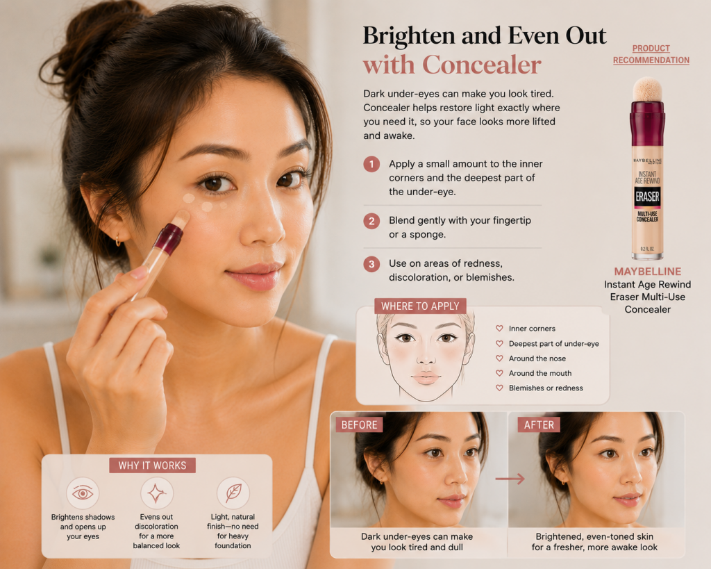 Woman applying concealer under the eyes and on small facial areas to brighten dark circles and even out skin tone for a fresh everyday makeup look.