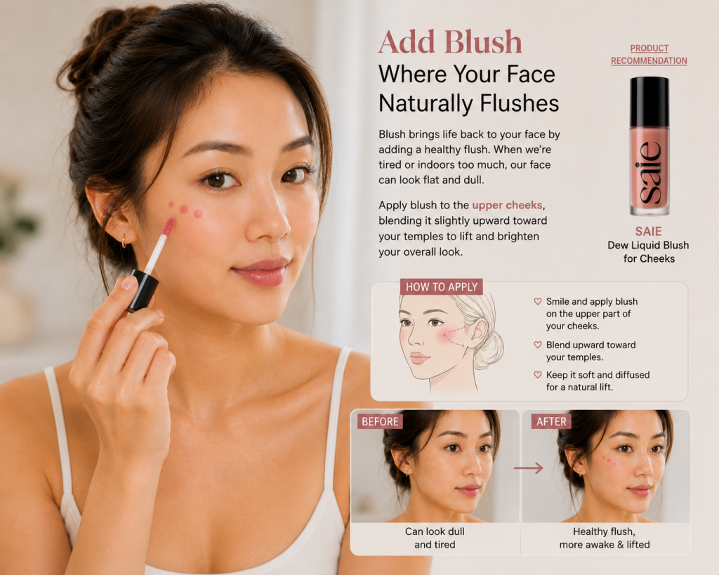Woman applying liquid blush to the upper cheeks during an everyday makeup routine, showing how blush adds healthy color and a fresh, awake look.
