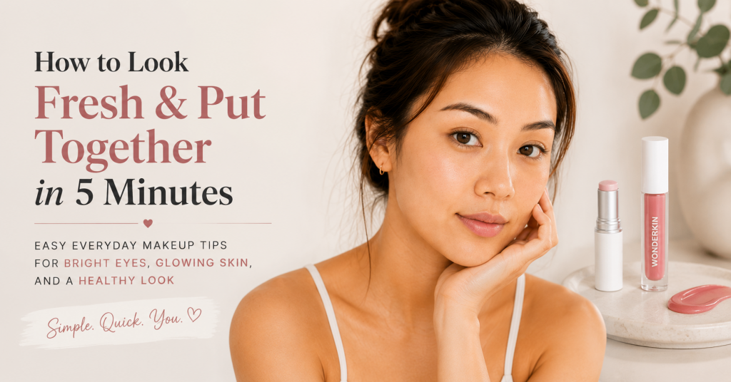 Learn how to look fresh and put together in 5 minutes with easy everyday makeup tips for bright eyes, glowing skin, and a healthy look.