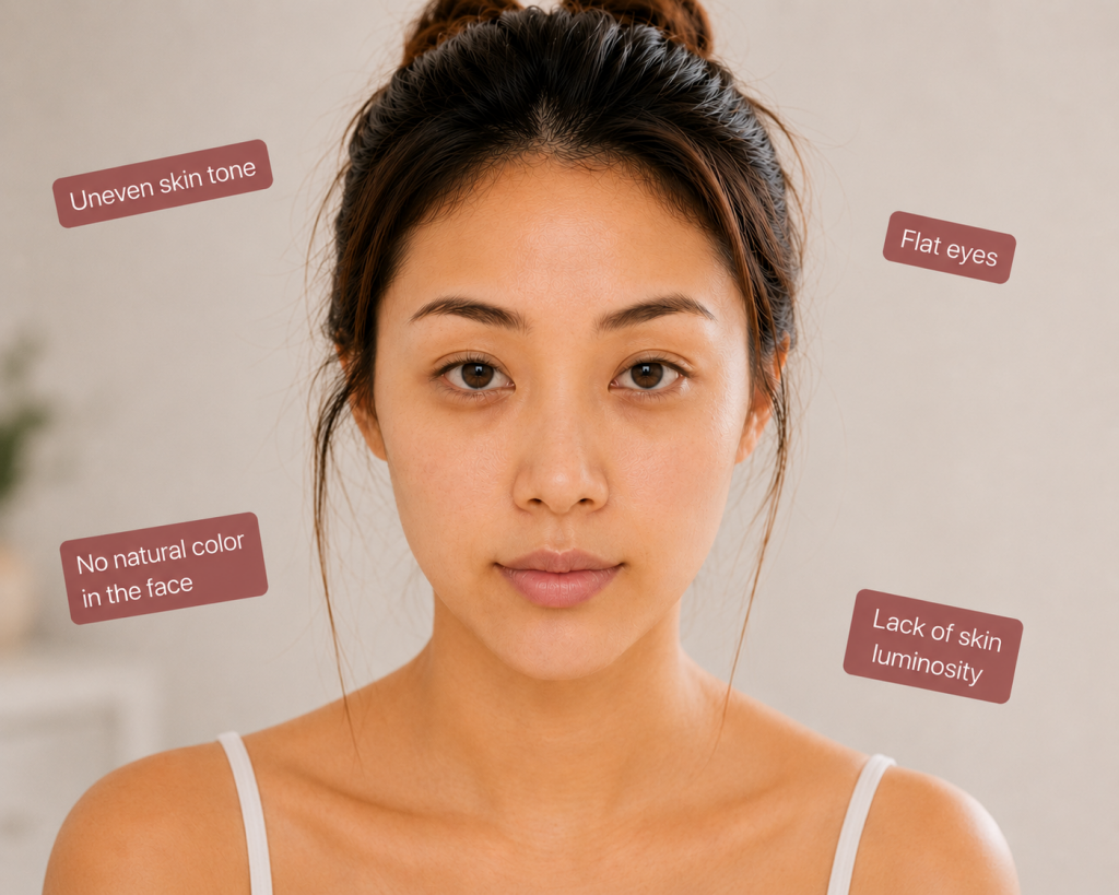 Natural no-makeup portrait of a woman with floating labels showing common signs of tired appearance, including uneven skin tone, flat eyes, low facial color, and lack of skin luminosity.