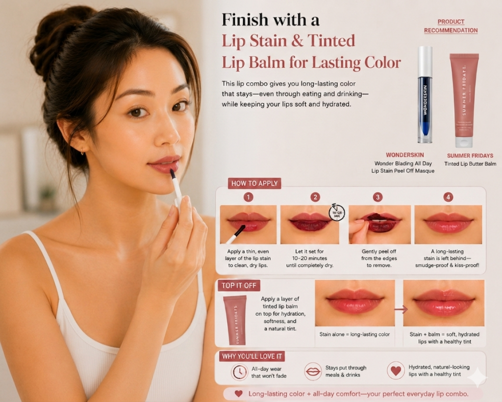 Woman applying lip tint during an everyday makeup routine, showing how adding natural lip color creates a fresh, healthy, and put-together look.